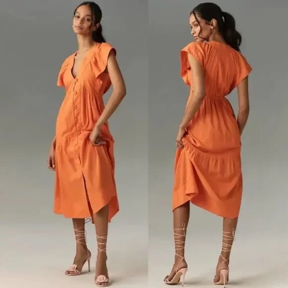 by Anthropologie Renee Dress XS Midi Orange Linen Flutter Sleeve - Picture 2 of 9